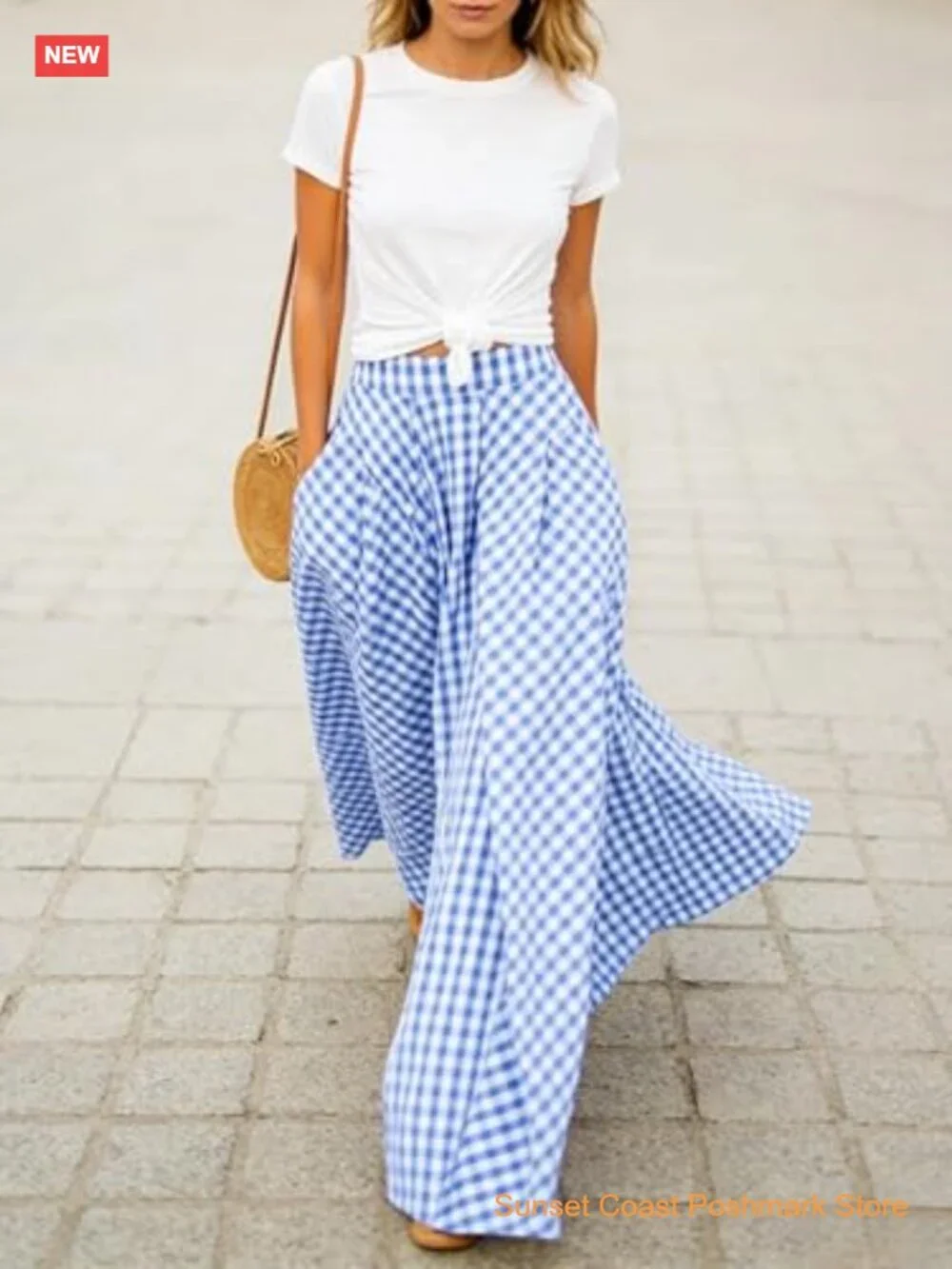 Gingham Maxi Skirt High Waist Pleated A Line Flowy Long Summer - Picture 5 of 7